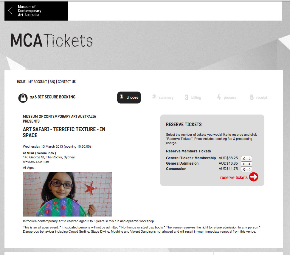 MCA Tickets event page